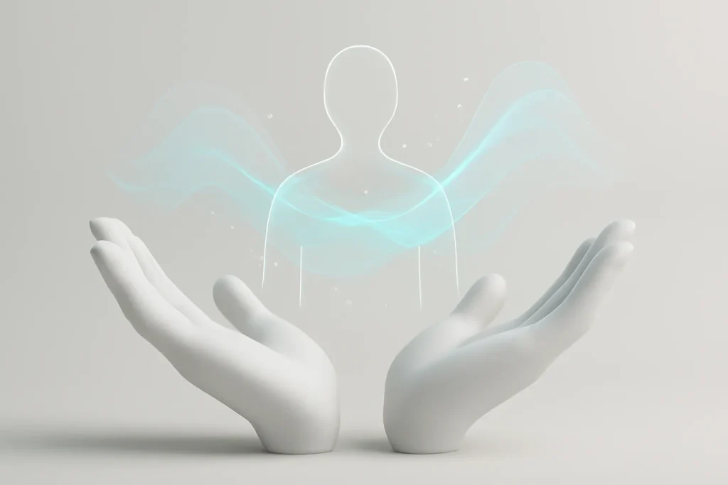 Reiki para doentes com cancro: apoio complementar ao bem‑estar emocional 2 Metáfora visual de reiki para doentes com cancro com ondas suaves a representar relaxamento e limites do conceito de “energia”.