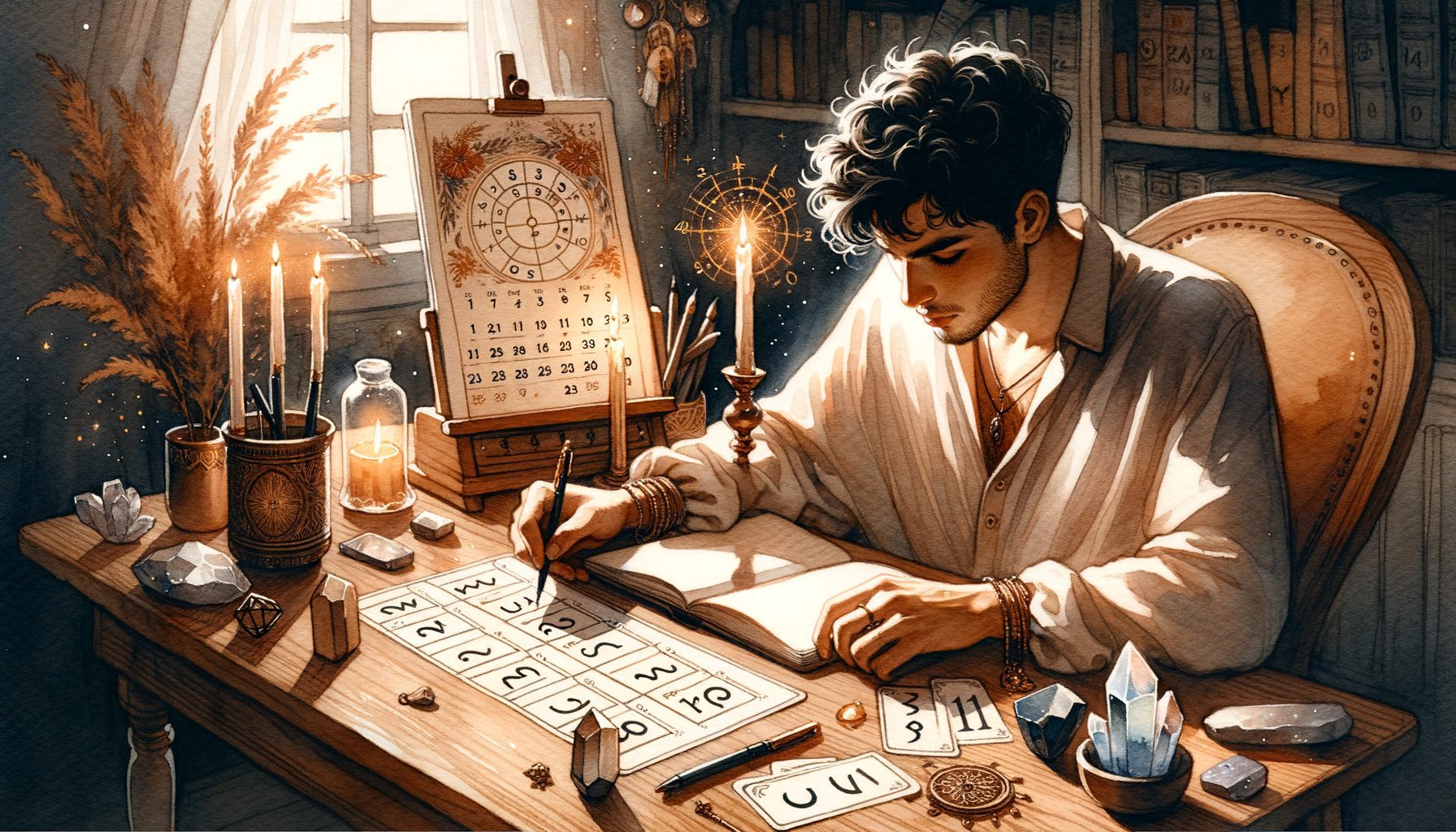 Pessoa a calcular o ano pessoal numerológico com um diário e cartas de números
