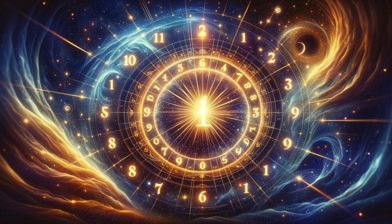 Números 1 a 9 brilhantes numa espiral cósmica representando o ciclo do ano pessoal na numerologia