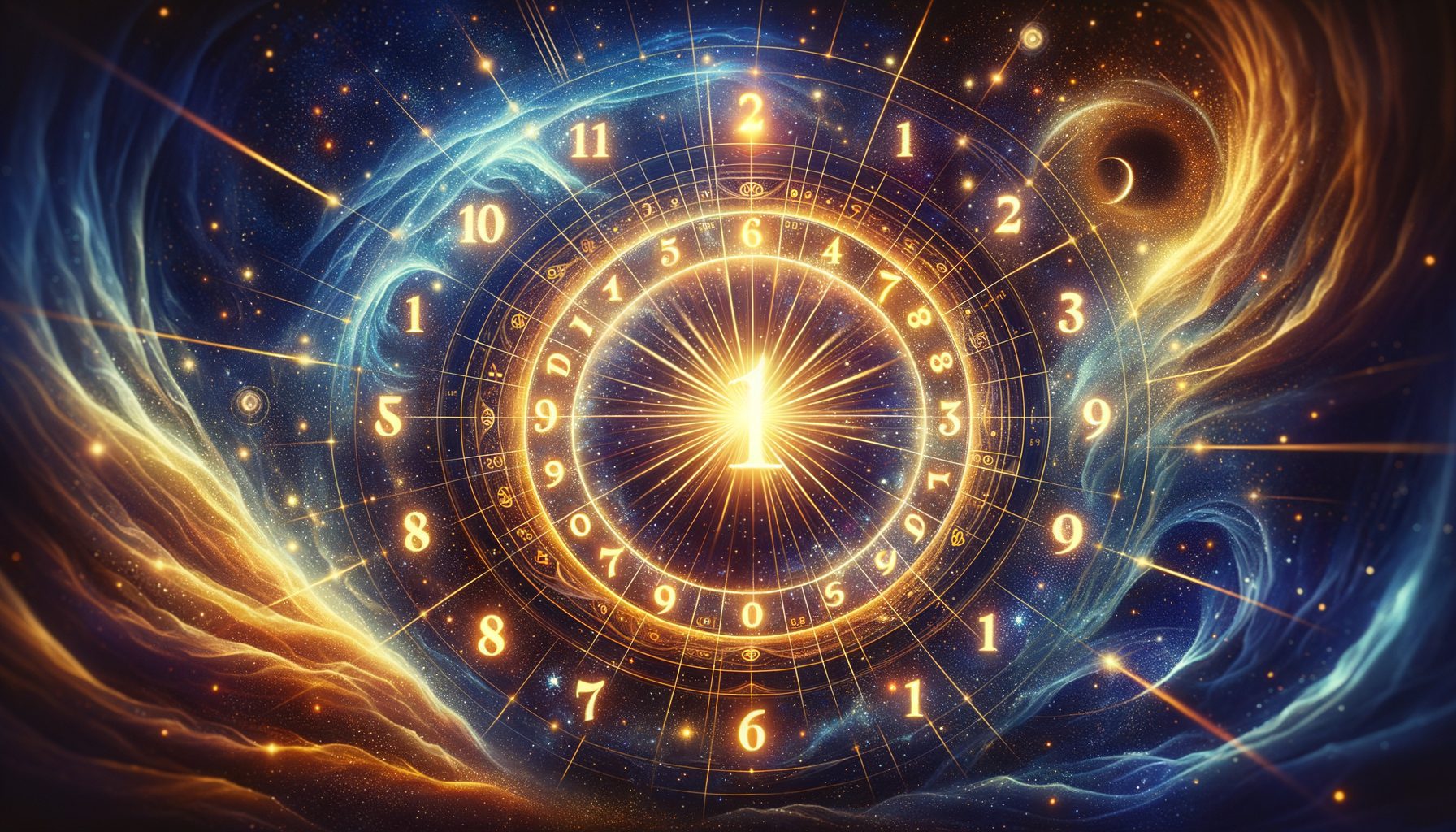 Persoonlijk Jaar in de Numerologie: Bereken het Jouwe voor 2026 en 2027 1 Cijfers 1 tot 9 schitterend in een kosmische spiraal die de cyclus van het persoonlijke jaar in de numerologie voorstelt