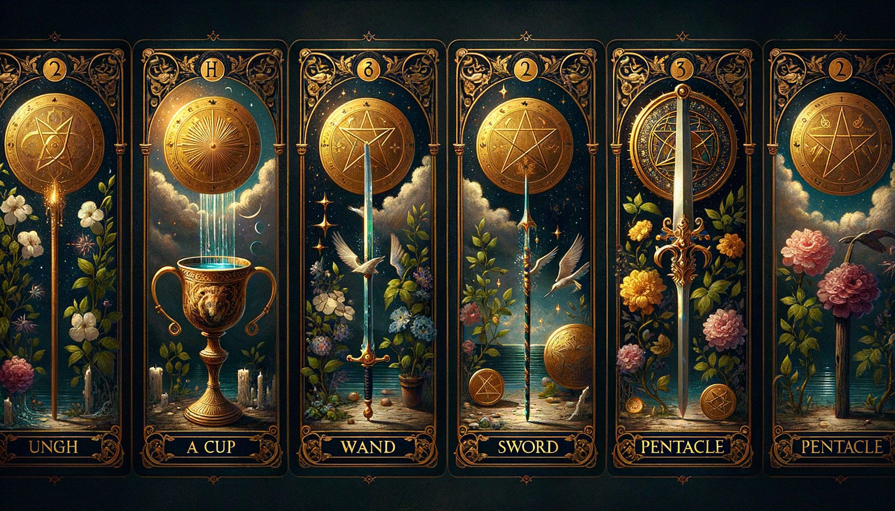 The four suits of the tarot minor arcana — Cups, Wands, Swords, and Pentacles depicted in artistic style