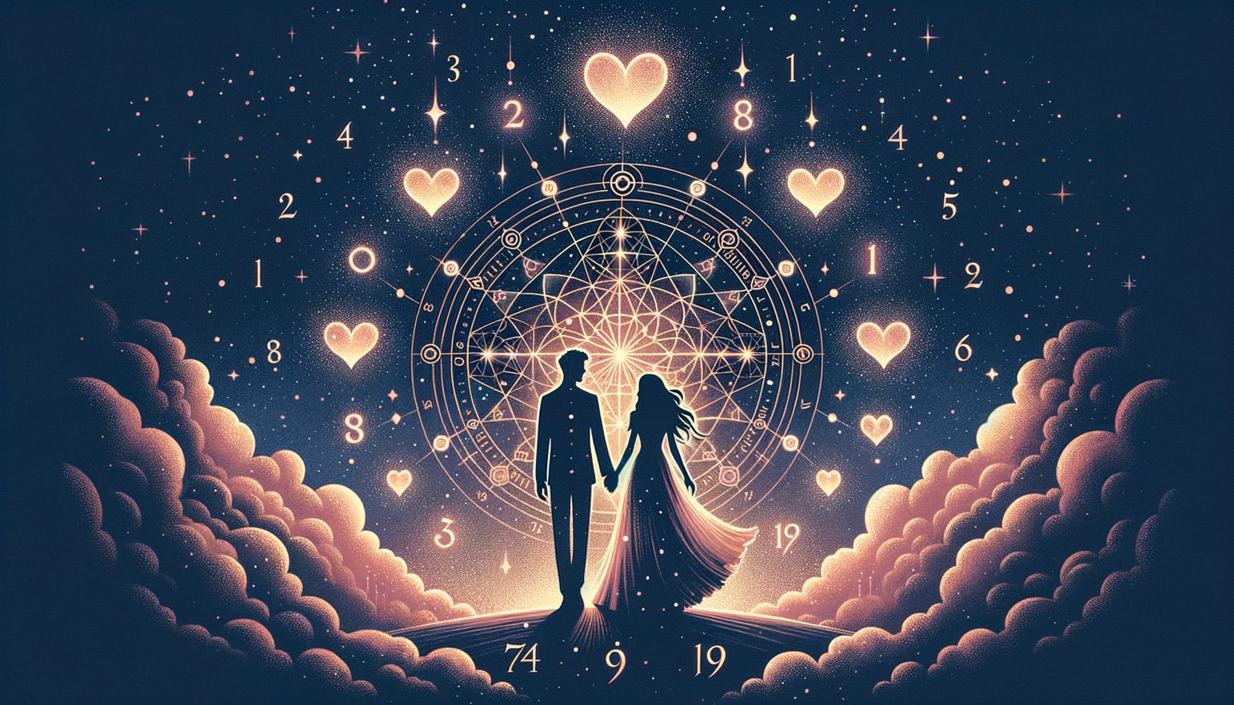 Couple silhouette under a starry sky surrounded by numbers and hearts — numerological compatibility