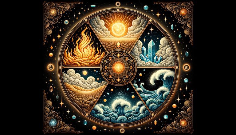Os quatro elementos da astrologia — fogo, terra, ar e água — representados em estilo místico
