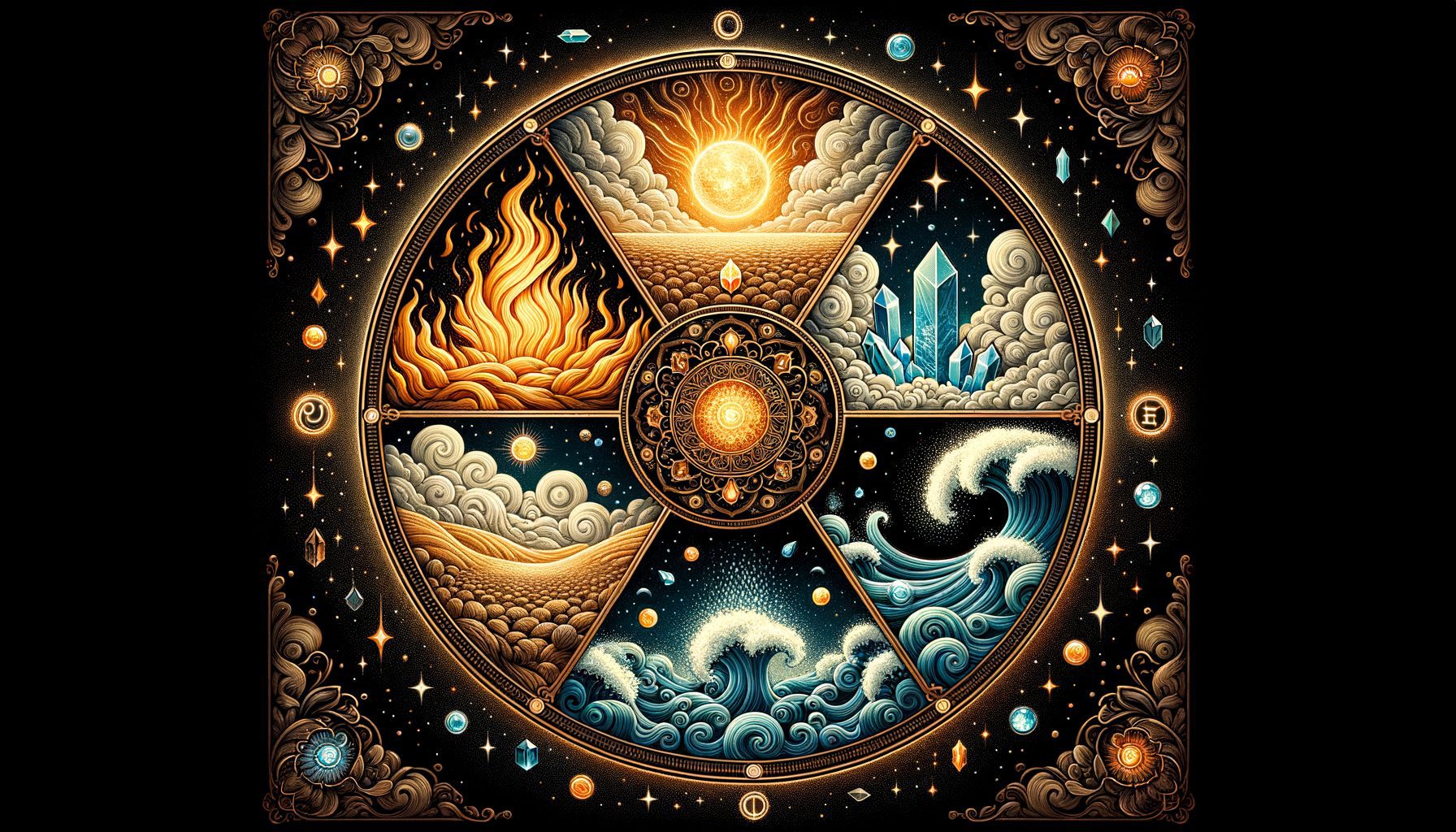 The four astrological elements — fire, earth, air and water — depicted in mystical style