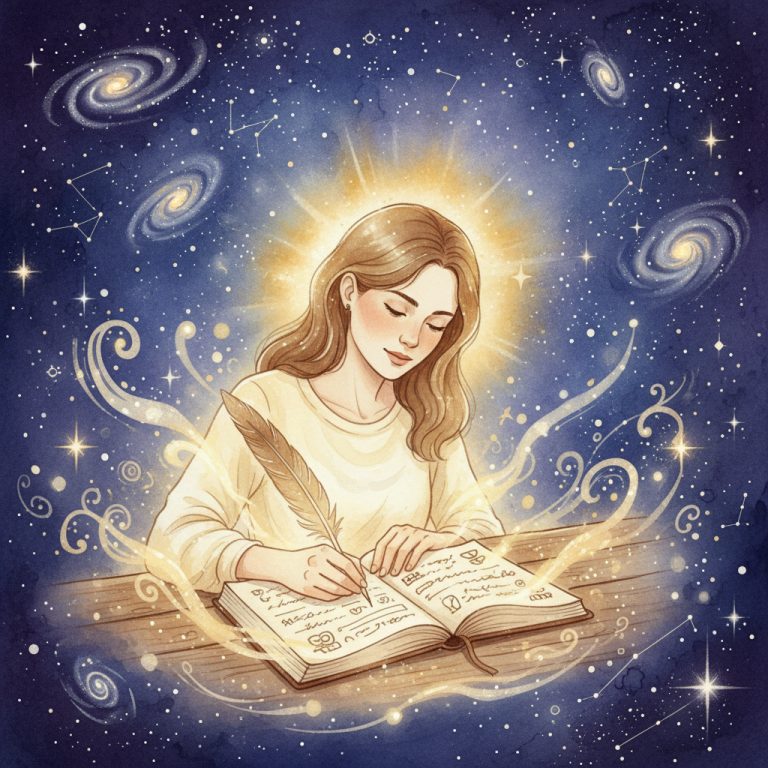 Pessoa a escrever num diário de manifestação rodeada de luz dourada e universo estrelado