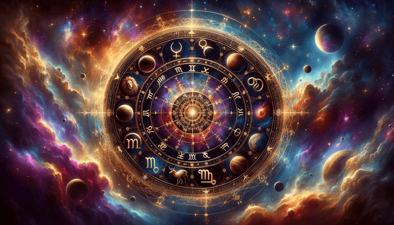 Roda do mapa astral celeste com símbolos do zodíaco