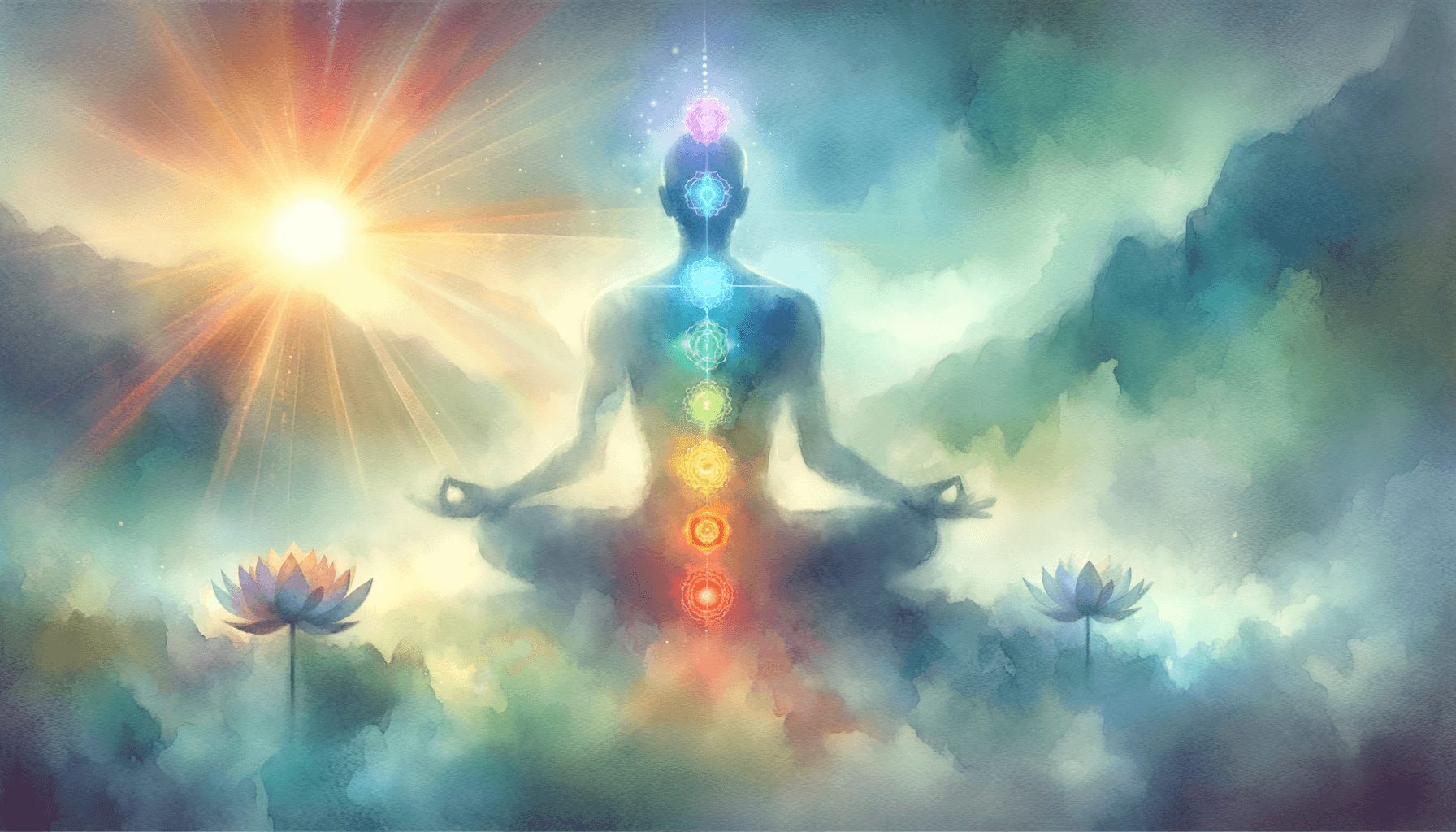 Illustration of the seven chakras and energy centers during meditation