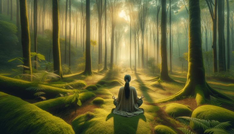 Pessoa a meditar serenamente em ambiente natural com luz suave entre árvores