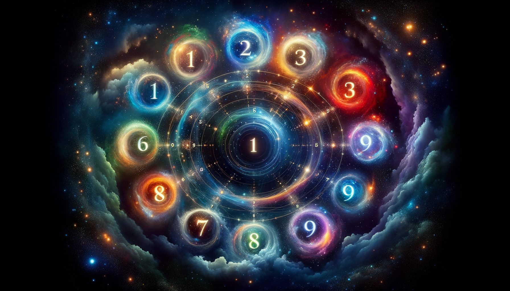 Personal year cycle in numerology - numbers 1 to 9 in a cosmic circle