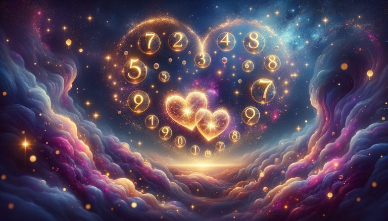 Corações entrelaçados com números luminosos num fundo cósmico — numerologia do amor