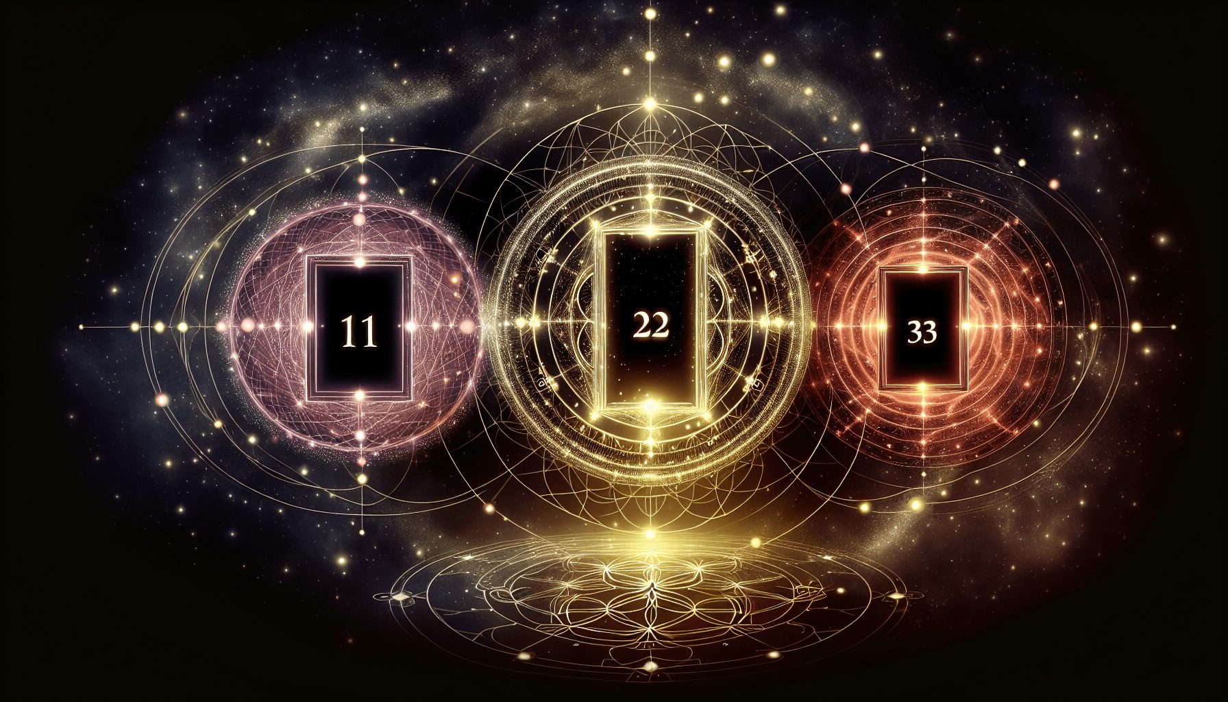 Three spiritual portals with master numbers 11 22 and 33 in cosmic light