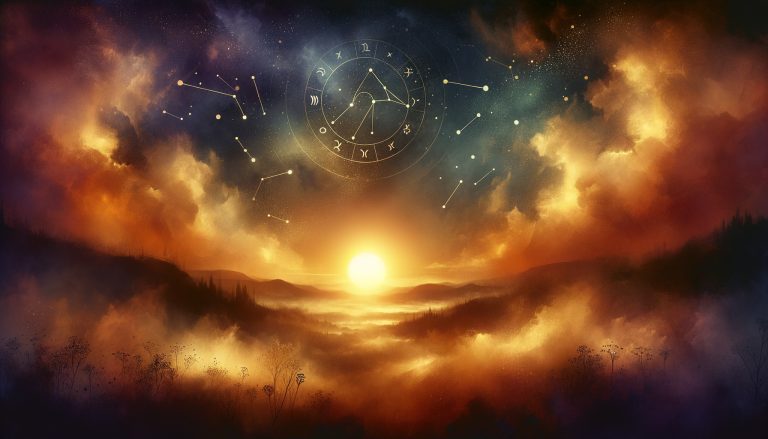 Céu místico ao amanhecer com constelações do zodíaco e cores quentes — previsões diárias de astrologia e numerologia