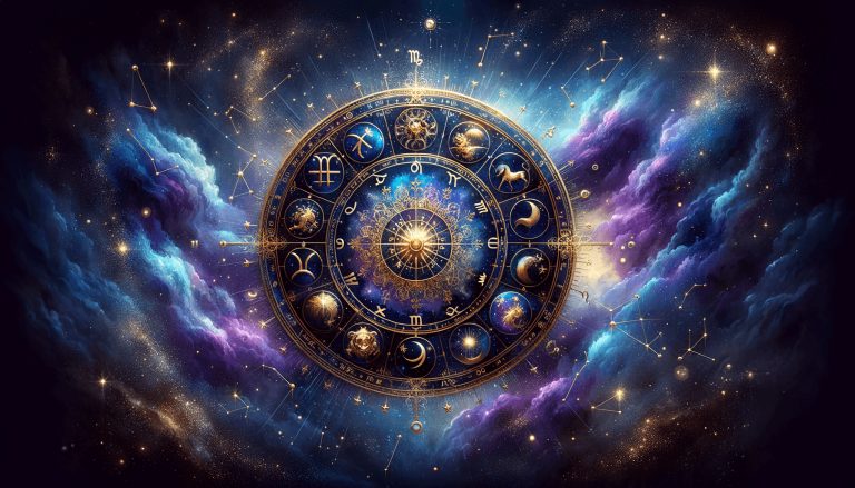 Roda do zodíaco com os 12 signos representados num cenário celestial místico
