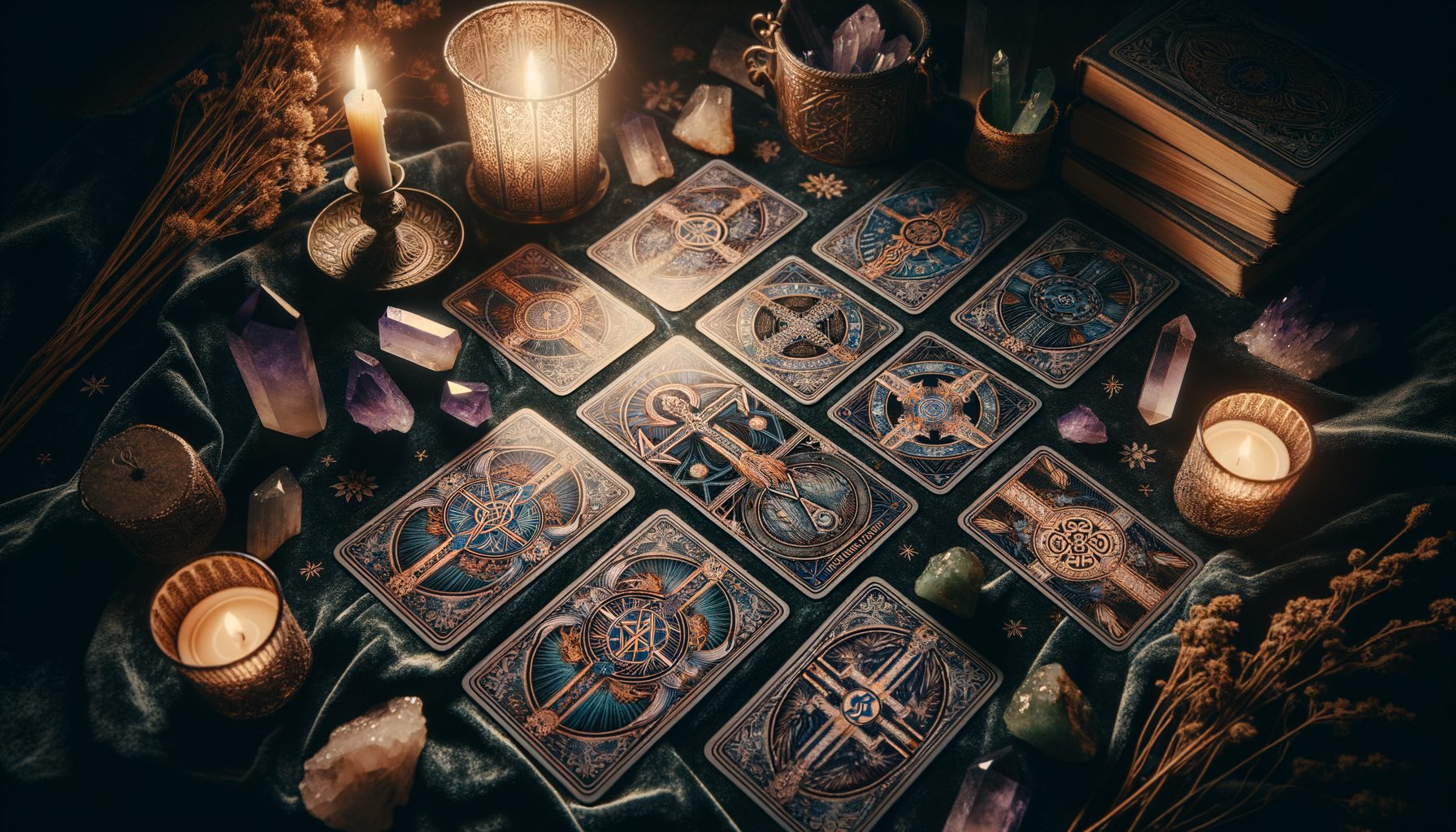 Tarot card spread in Celtic Cross layout on dark velvet cloth with candles and crystals