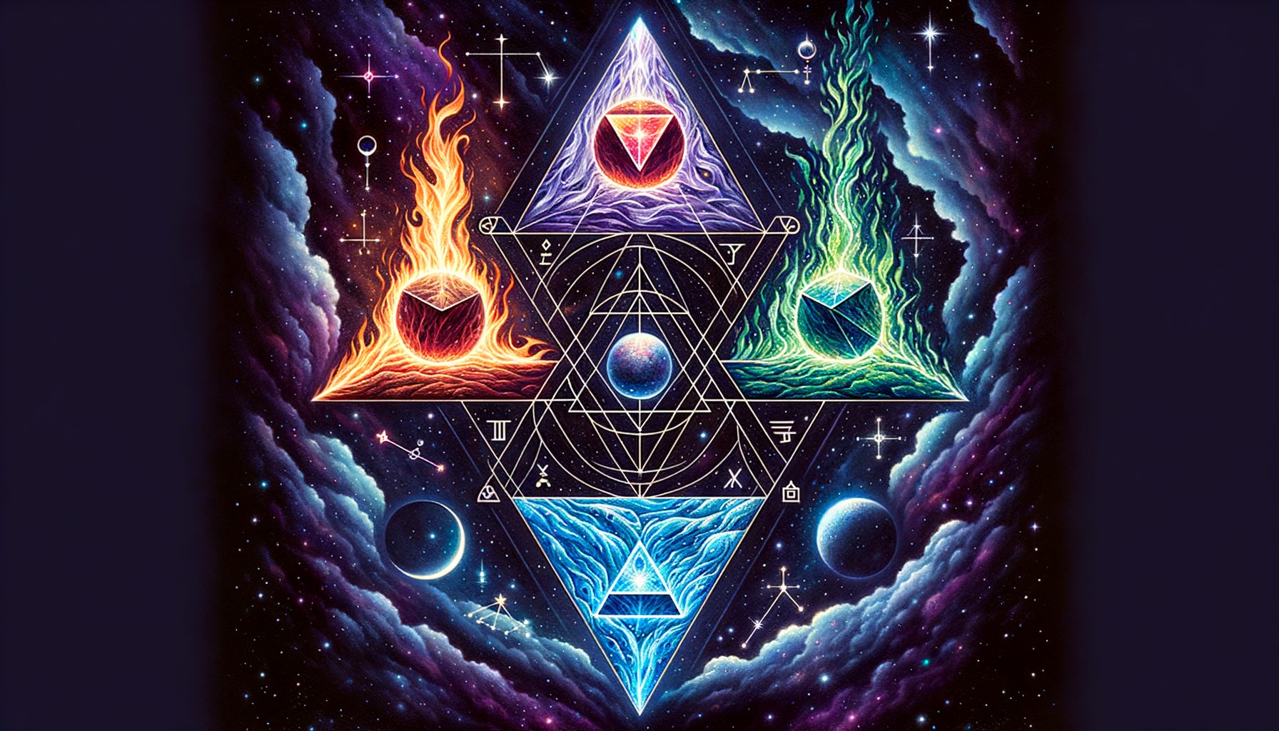 Symbols of the four astrological elements — fire, earth, air and water — in a mystical composition