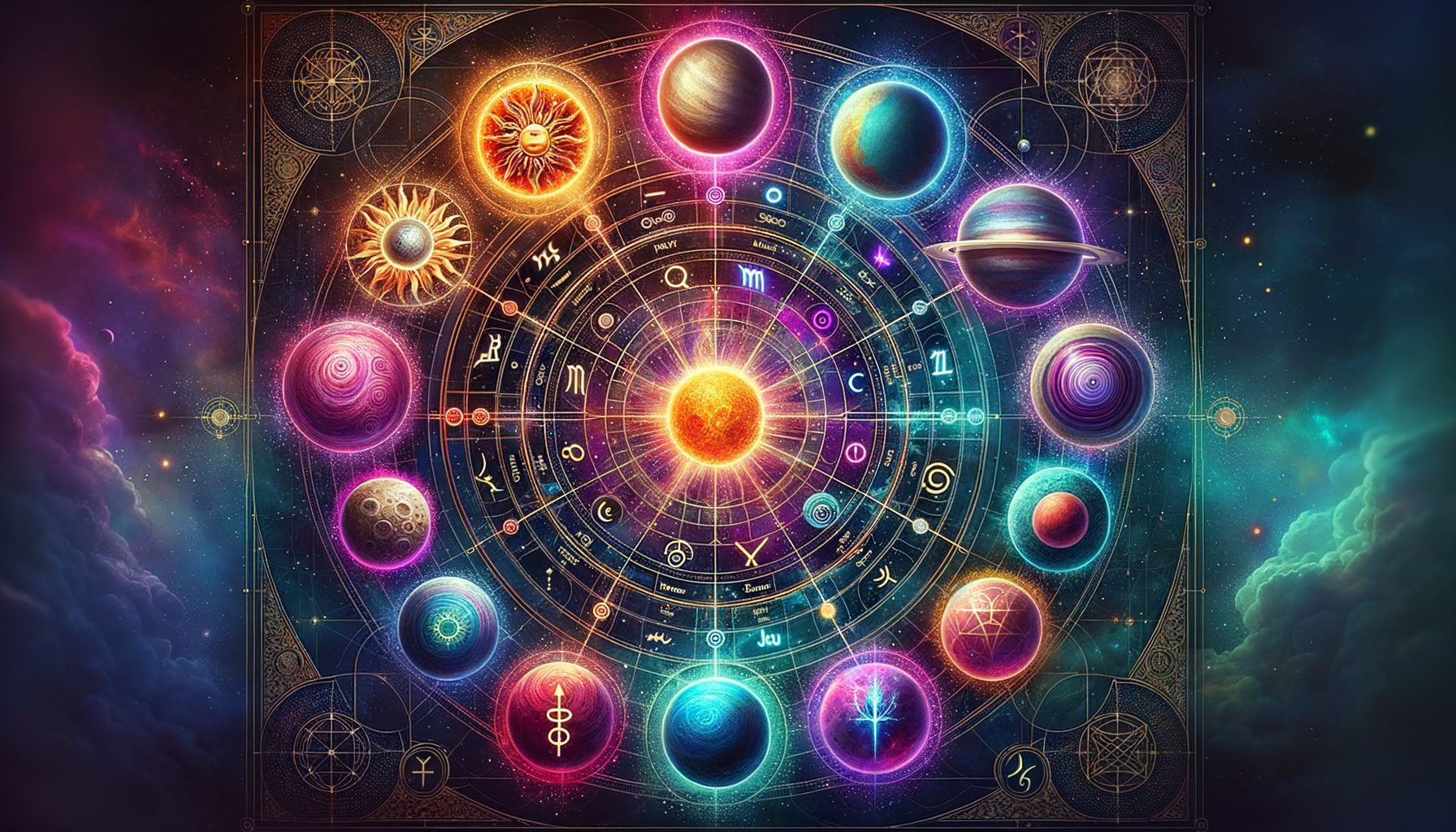 Astrological planet symbols arranged in a mystical circle