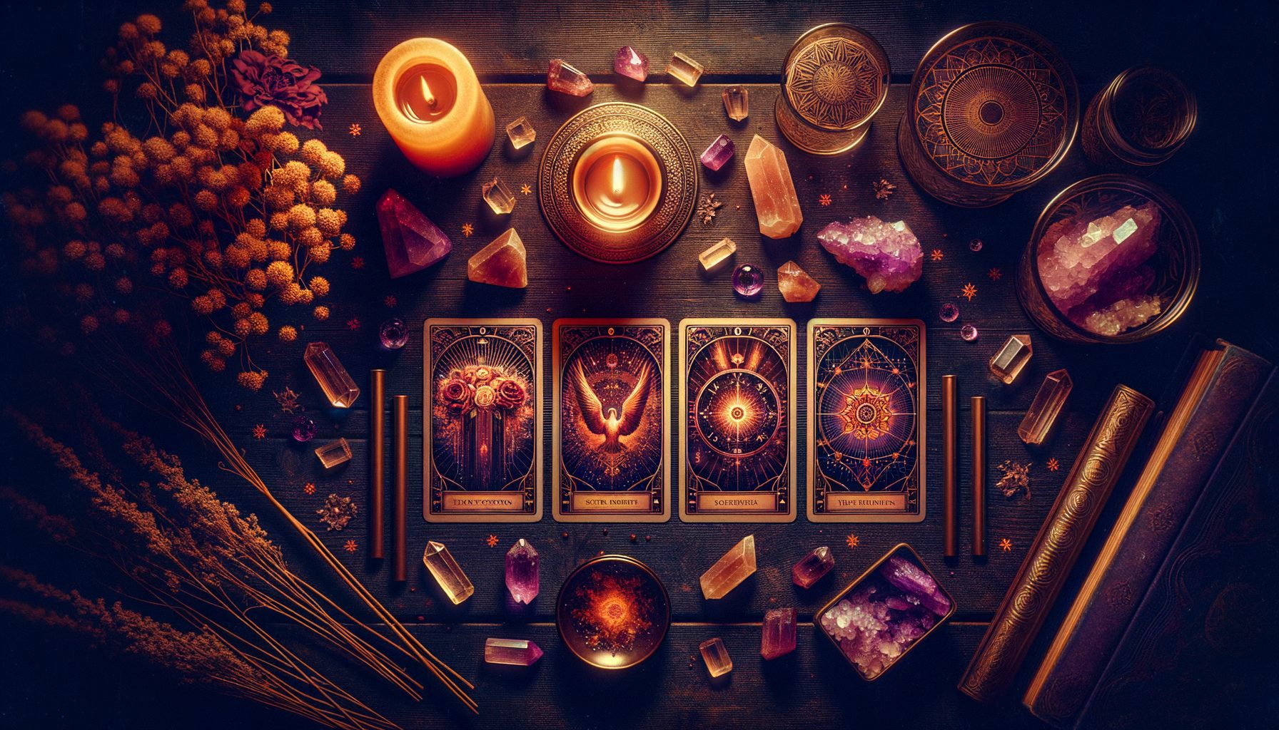 Love tarot reading with three cards laid on a table with crystals and candles