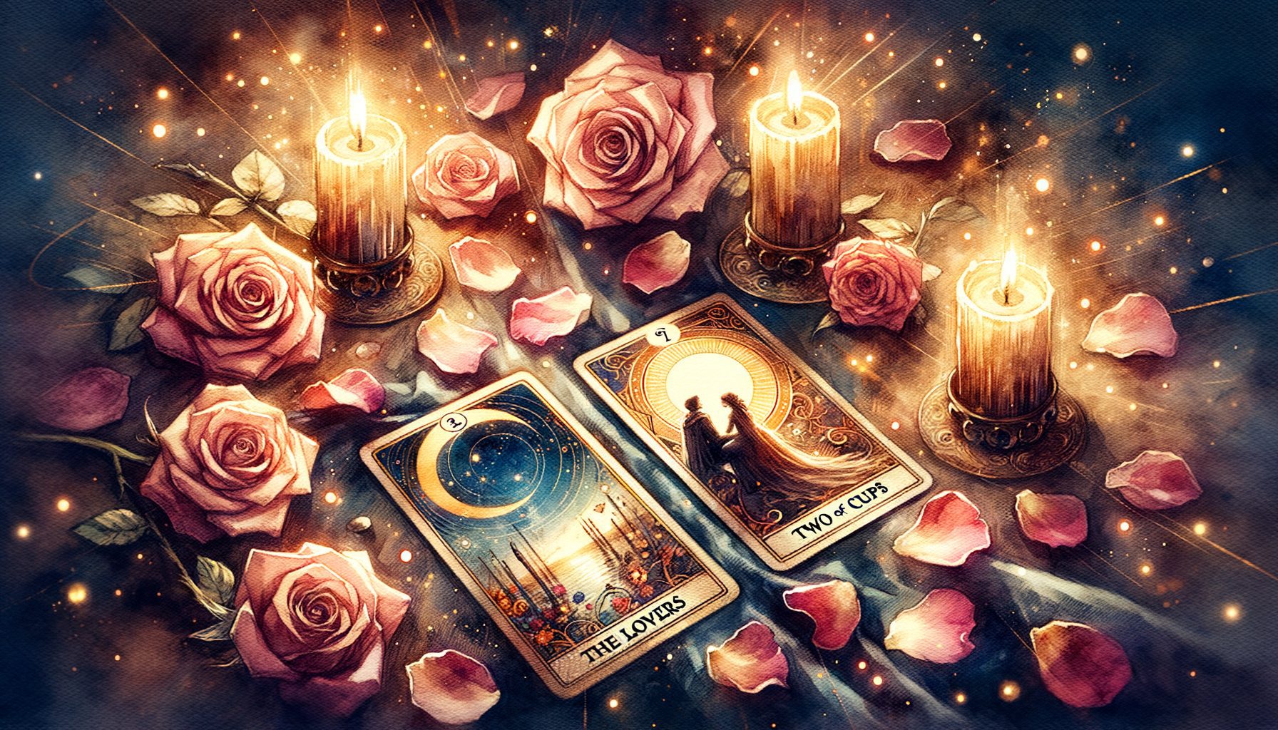 Love tarot spread with The Lovers and Two of Cups cards surrounded by rose petals and candles