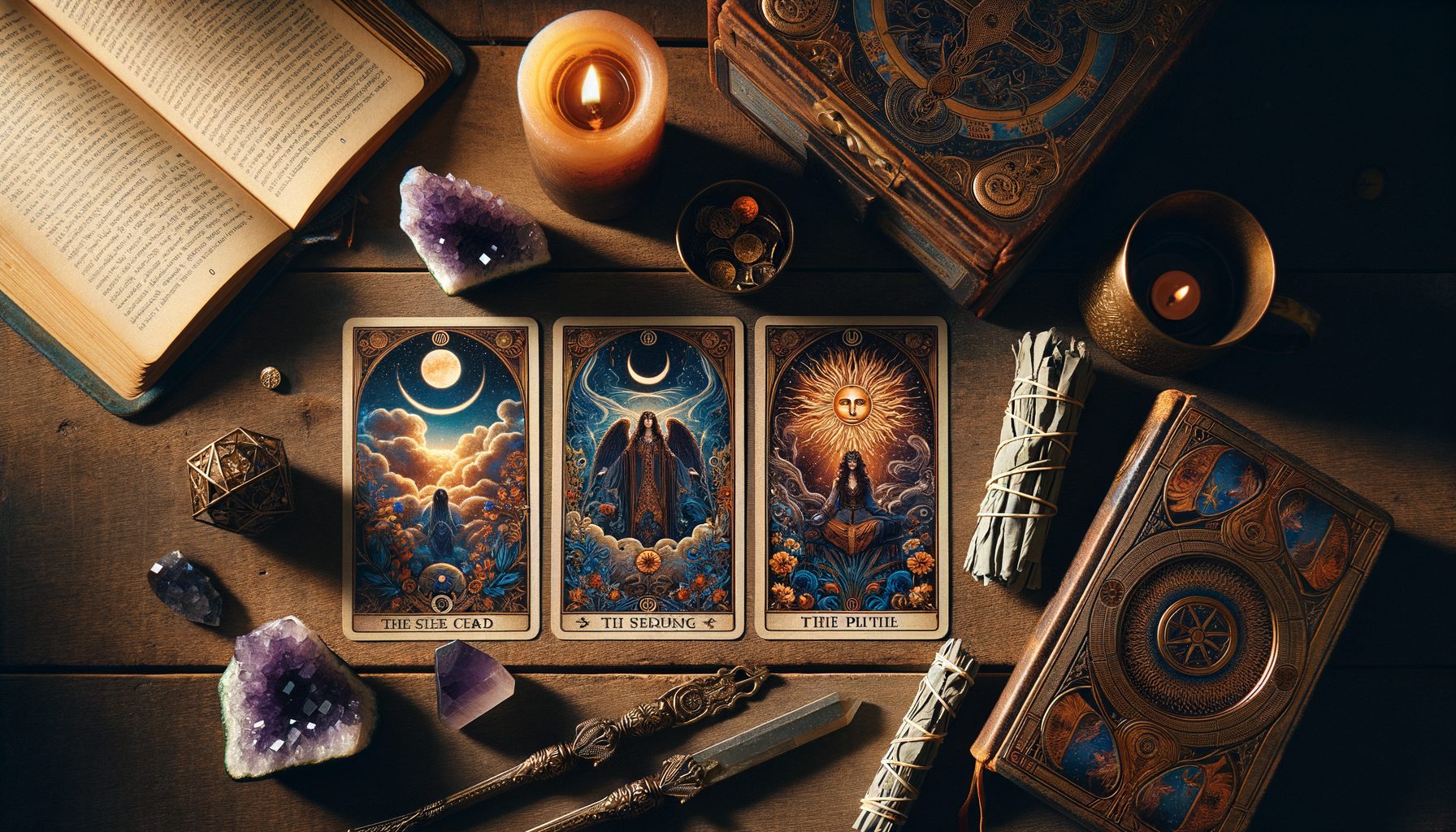Three-card tarot spread on antique wooden table with amethyst crystal