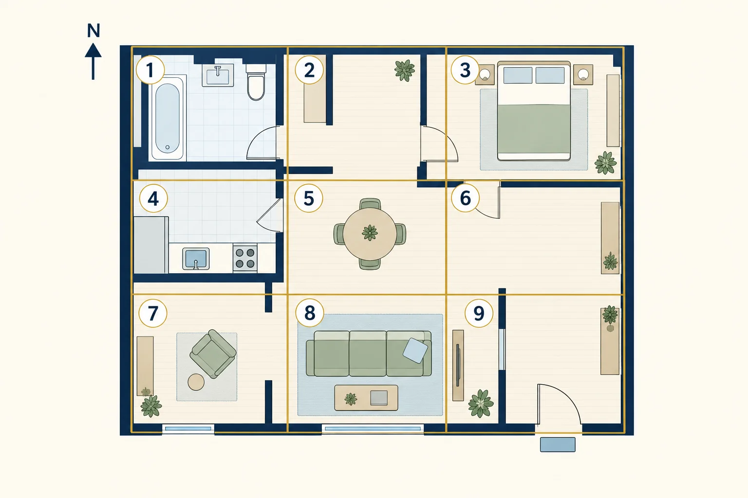 Feng Shui em Casa: Baguá de Apartamento e Quarto 1 Planta de apartamento com norte no topo, entrada no canto inferior direito e nove áreas numeradas de 1 a 9.